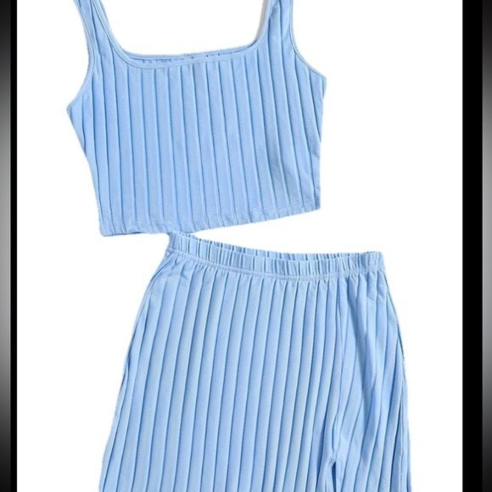 Light Blue Ribbed Knit Tennis Preppy 2 Piece Set Crop Top Mini Skirt Coquette